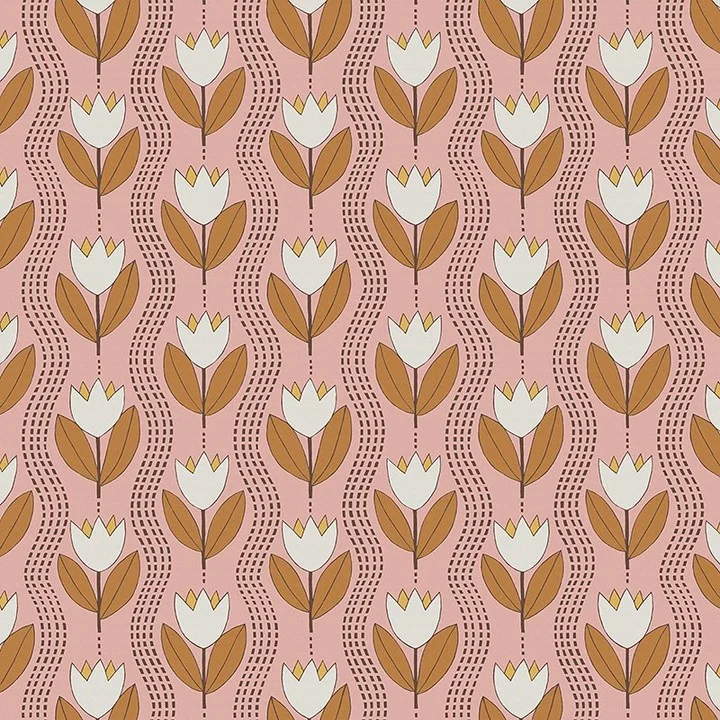 Nancy Wolff Brown and white tulip motifs on pink background with wavy lines