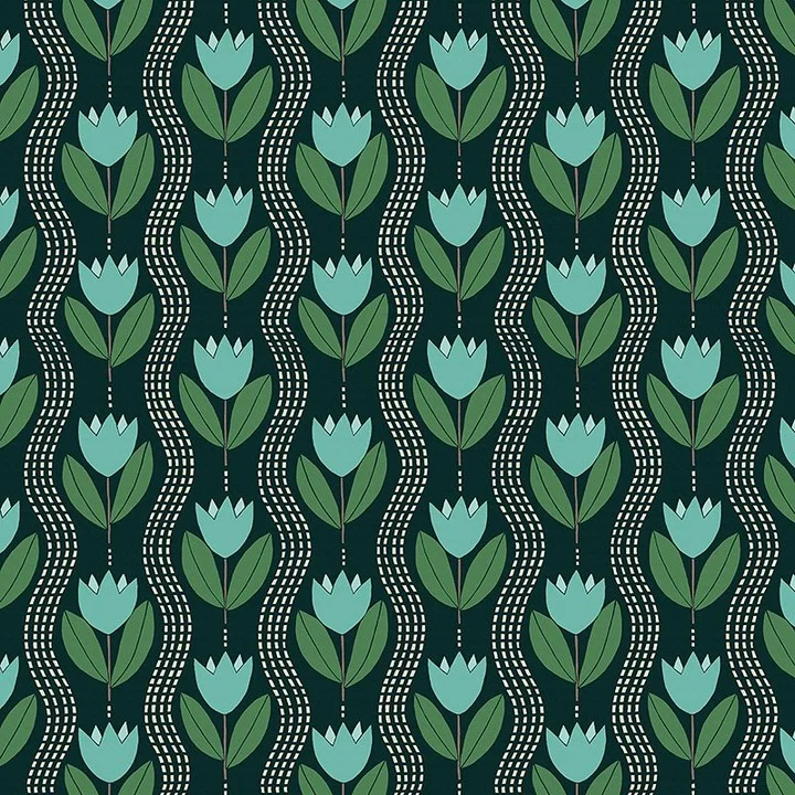 Nancy Wolff Teal tulips and green leaves on dark background with white dotted