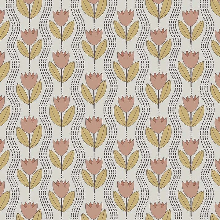 Nancy Wolff Floral pattern with pink flowers and yellow leaves on gray backgr