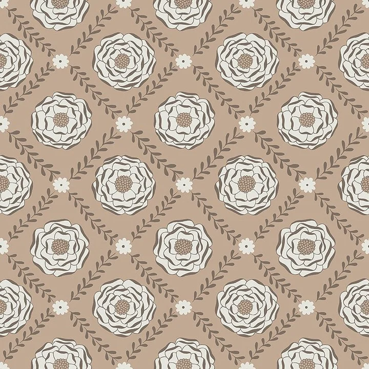 Nancy Wolff Brown background with white and brown floral motifs and leaves