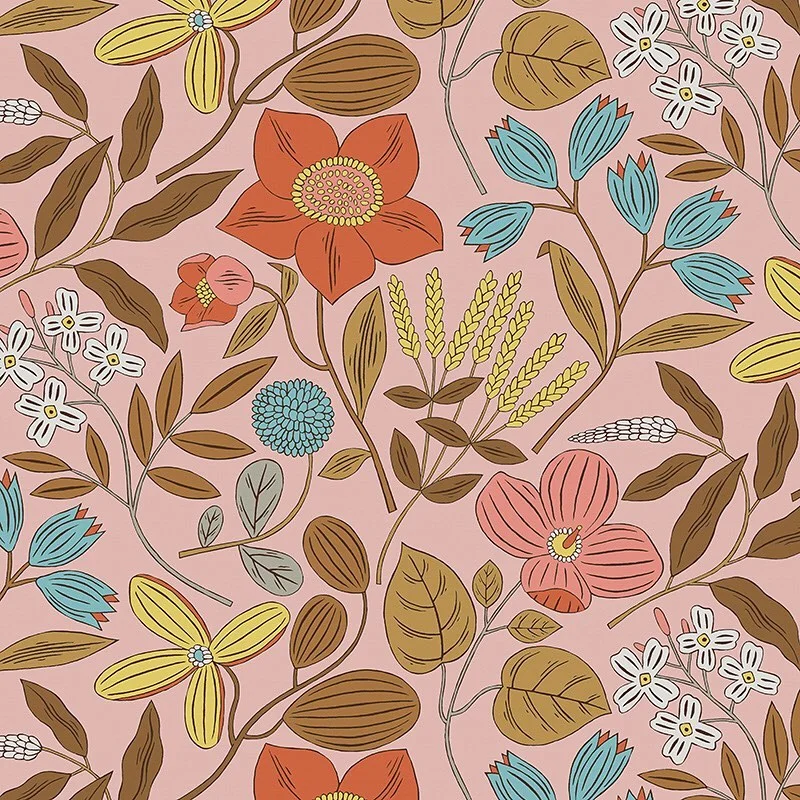 Nancy Wolff Floral pattern with pink background and colorful flowers and leaves