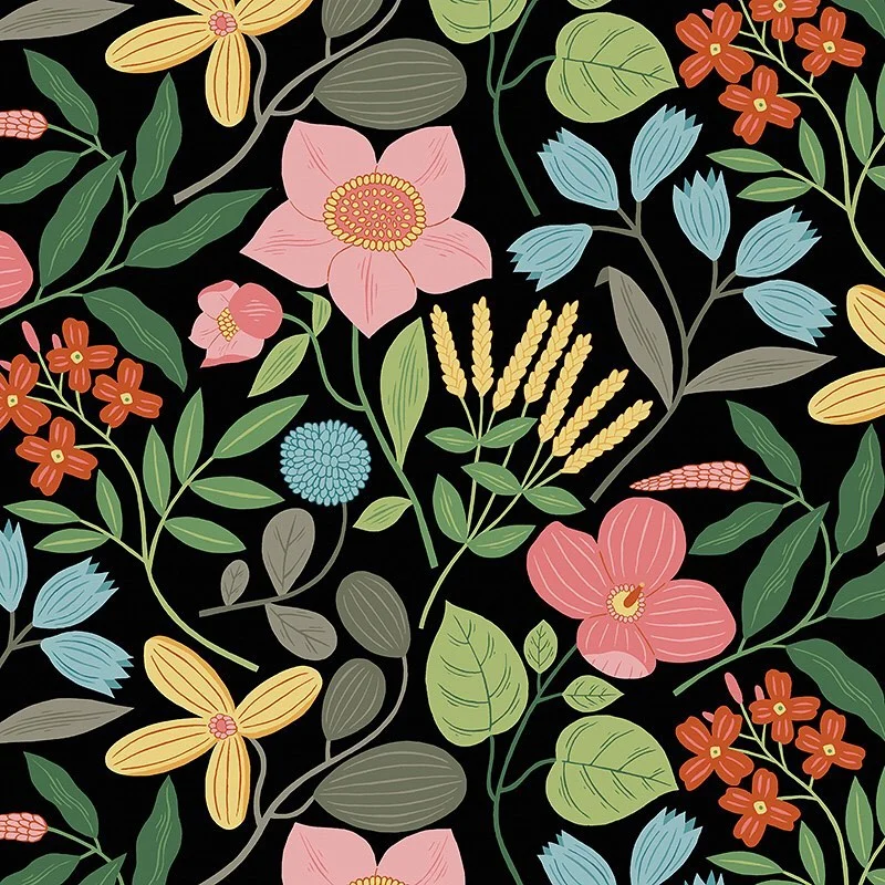 Nancy Wolff Floral pattern with vibrant colors and diverse shapes on black ba