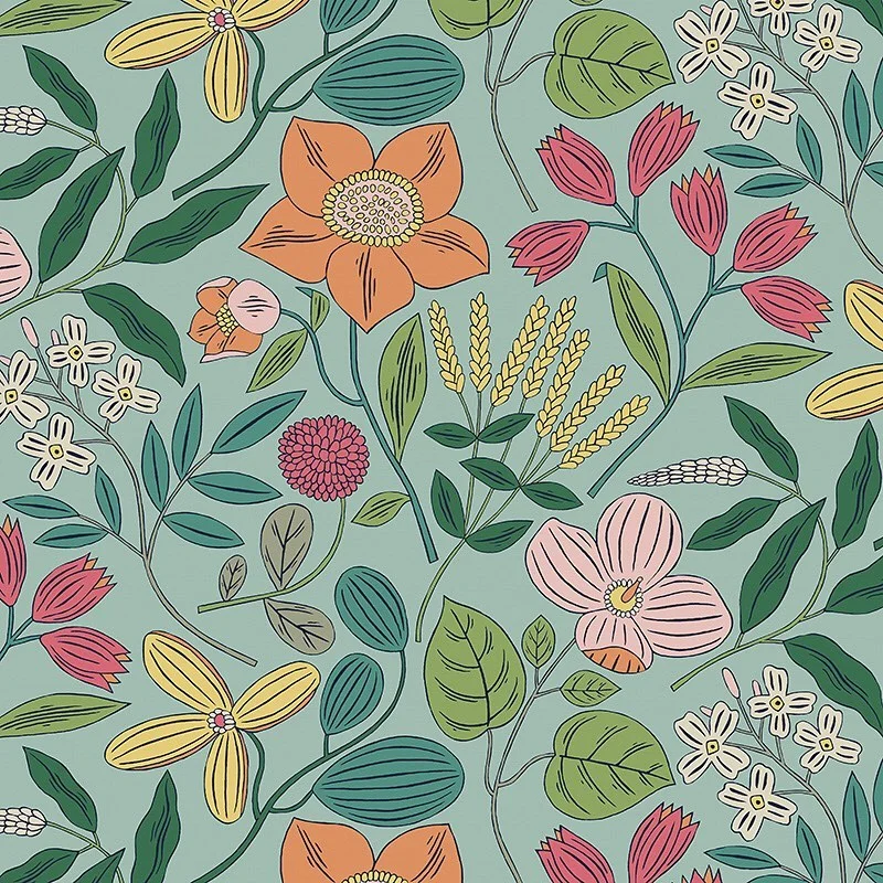 Nancy Wolff Floral pattern with vibrant colors and diverse shapes on green ba