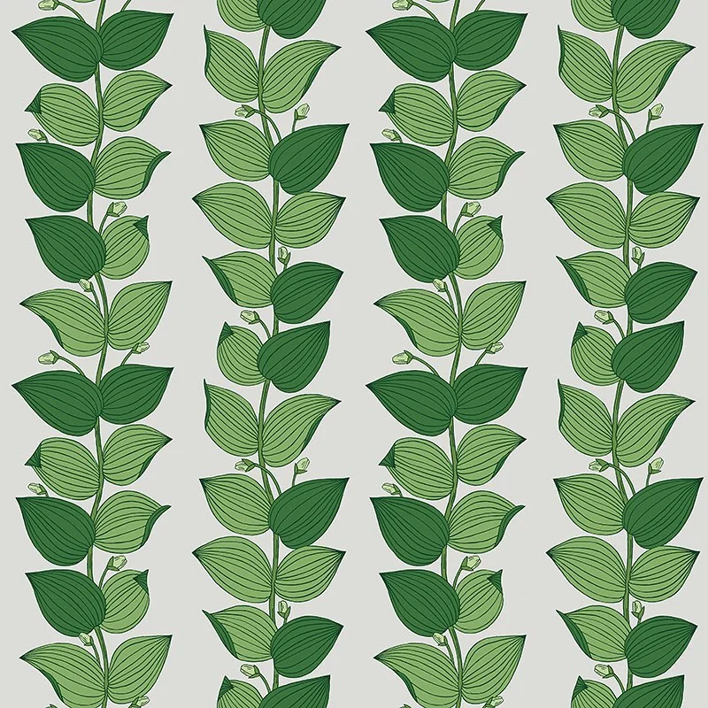 Nancy Wolff Vertical green leafy stripes on a light gray background