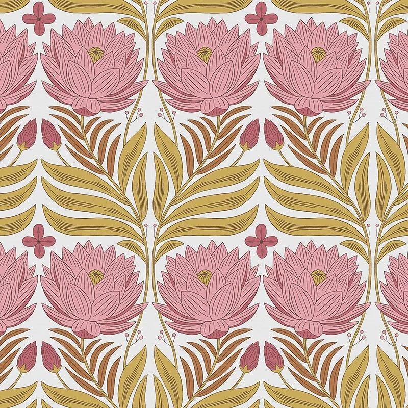 Nancy Wolff Pink lotus flowers and yellow leaves on a white background