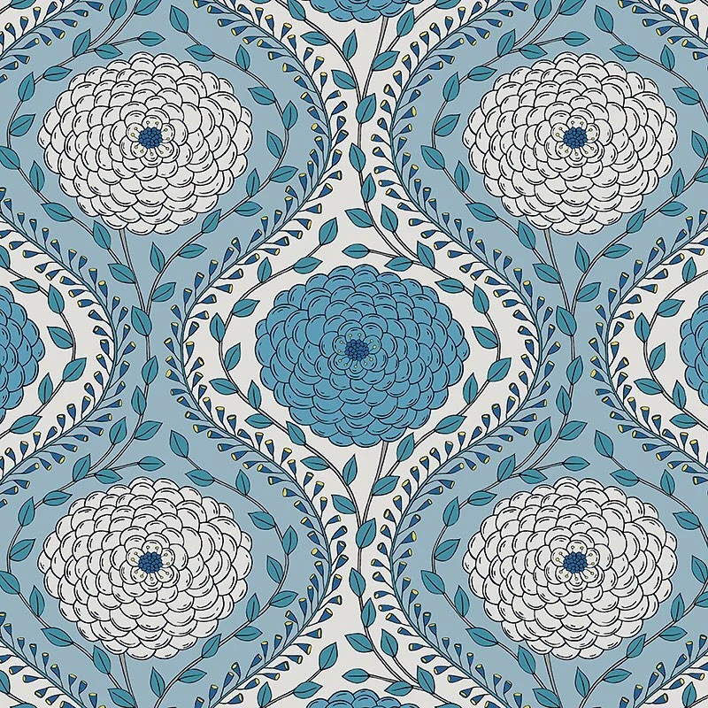 Nancy Wolff Blue and white floral pattern with leaves and stems
