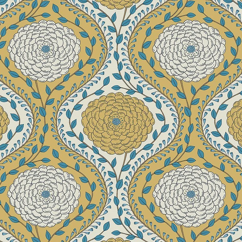Nancy Wolff Yellow and blue floral pattern with large flowers and leaves on a