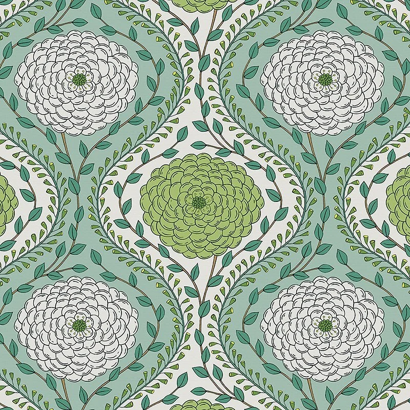 Nancy Wolff Green and white floral pattern with leaves and stems on a light b