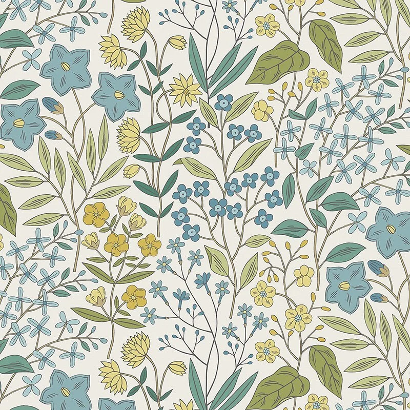 Nancy Wolff Blue and yellow flowers with green leaves on a light background