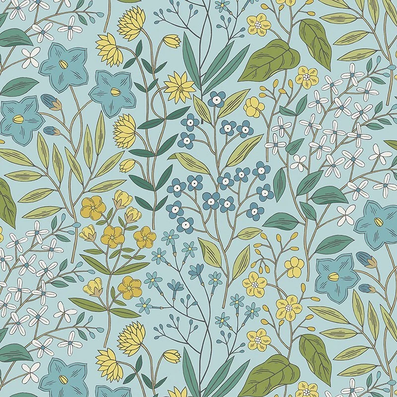 Nancy Wolff Blue and yellow floral pattern on light blue background