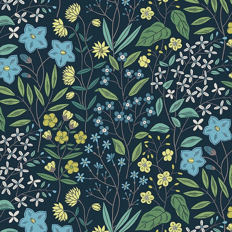 Nancy Wolff Dark background with blue and yellow flowers, green leaves, and w