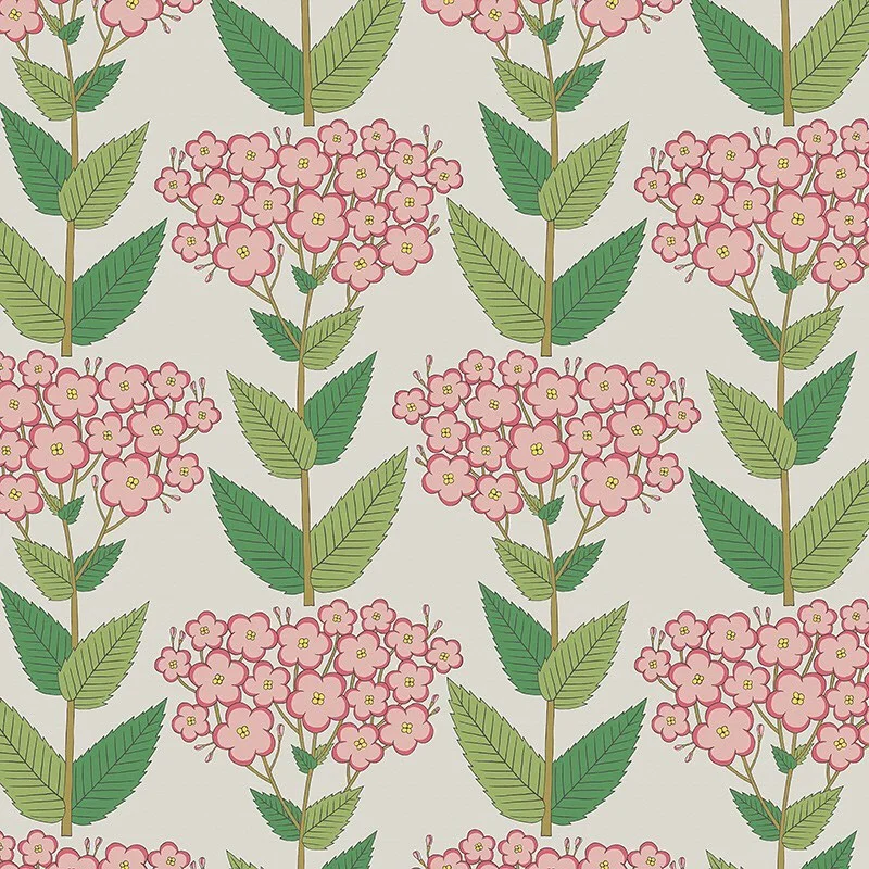 Nancy Wolff Green leaves and pink flowers on stems in a repeating pattern