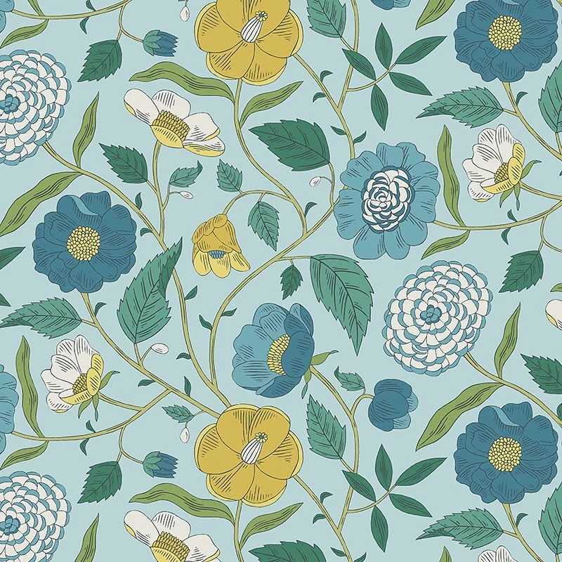 Nancy Wolff Blue and yellow floral pattern on light blue background