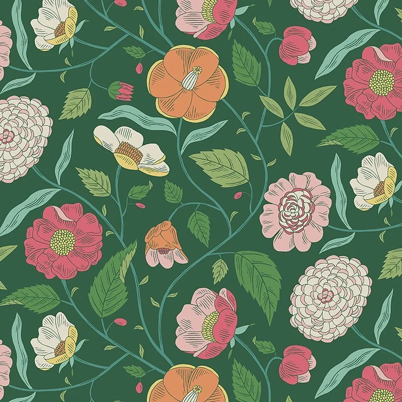 Nancy Wolff Floral pattern with pink, orange, and white flowers on green back