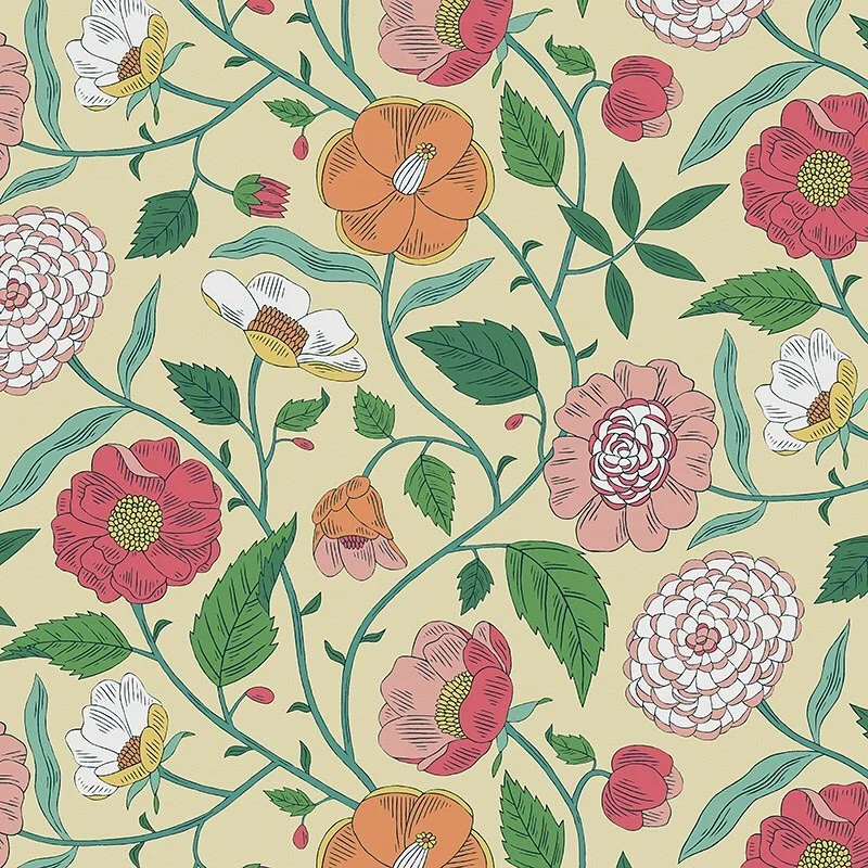 Nancy Wolff Floral pattern with pink, orange, white flowers and green leaves