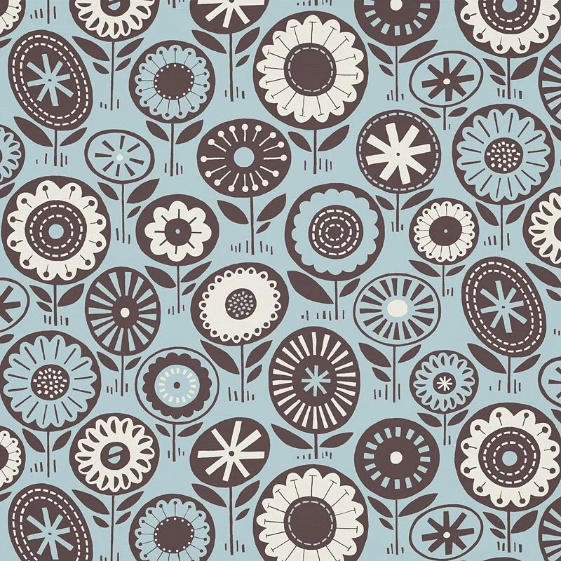 Nancy Wolff Blue Brown Floral Leaf Pattern