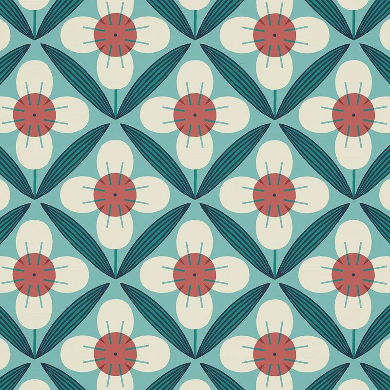 Nancy Wolff Teal White Floral Leaf Pattern