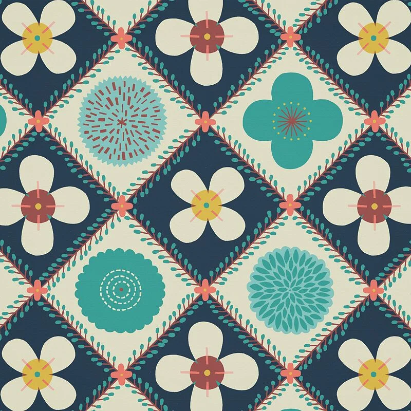 Nancy Wolff Navy Blue Floral Geometric Pattern