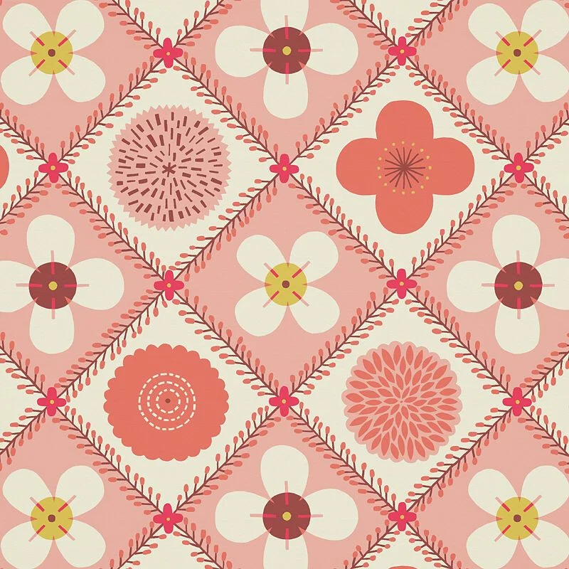 Nancy Wolff Pink White Floral Geometric Pattern