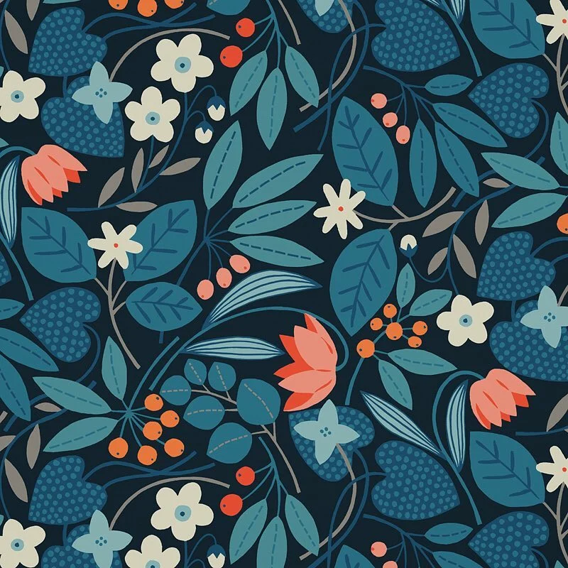 Nancy Wolff Dark Blue Floral Leaf Pattern