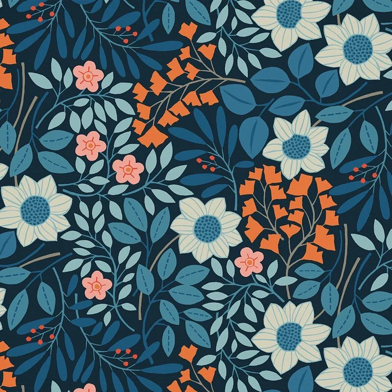 Nancy Wolff Dark Blue Floral Leaf Pattern
