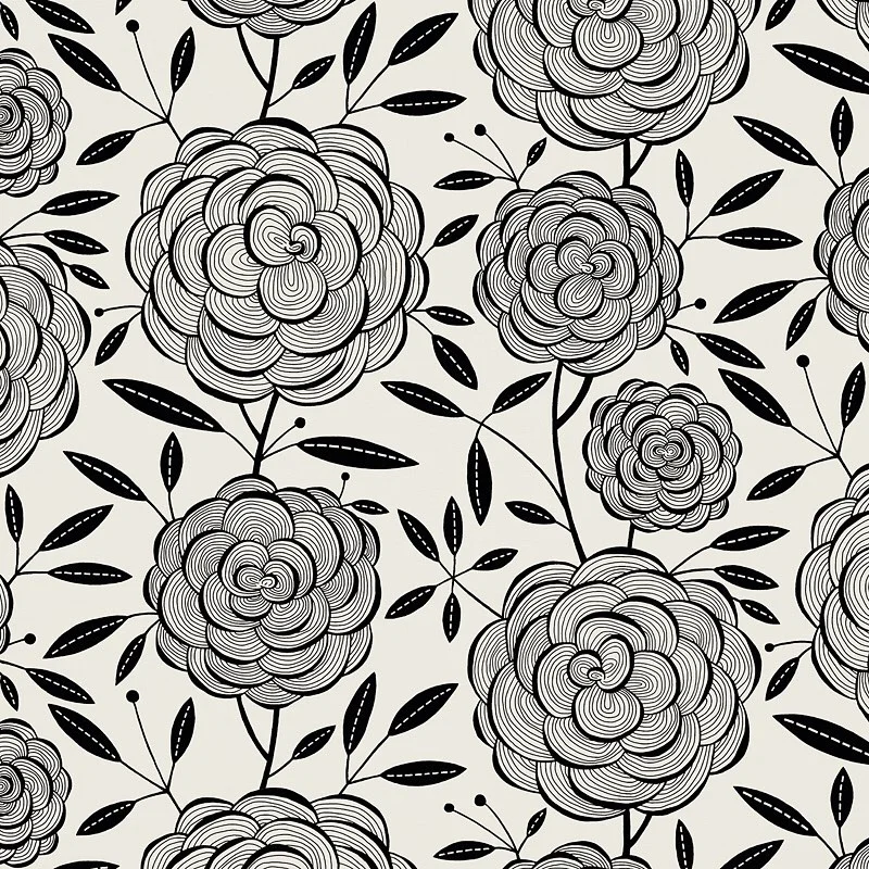 Nancy Wolff Black White Floral Lines Leaf Pattern