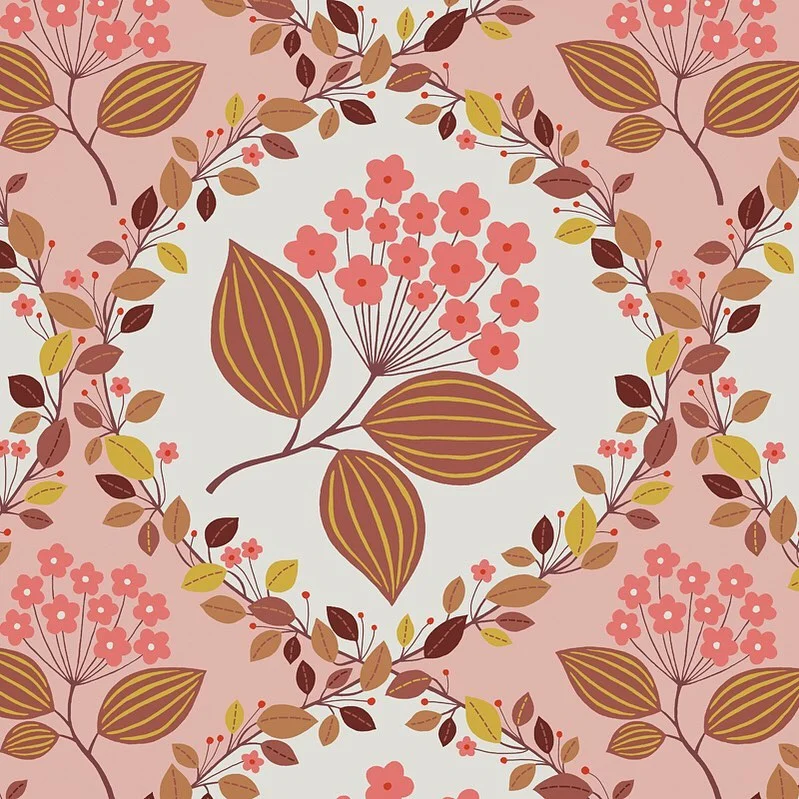 Nancy Wolff Pink Brown Floral Leaf Pattern