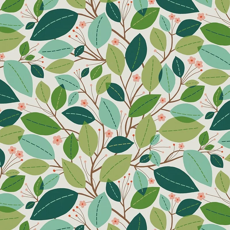 Nancy Wolff Green Pink Leaf Floral Branch Pattern