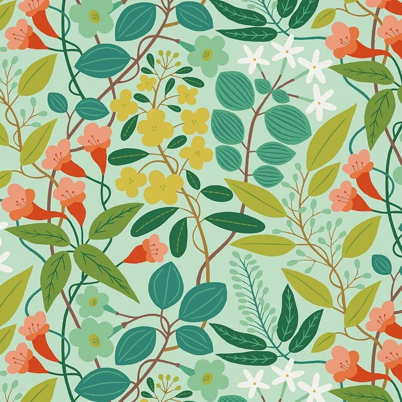 Nancy Wolff Green Orange Floral Leaf Pattern