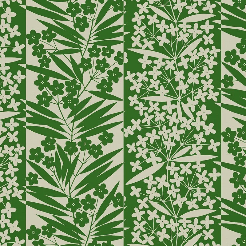 Nancy Wolff Green Beige Stripes Floral Motif Pattern