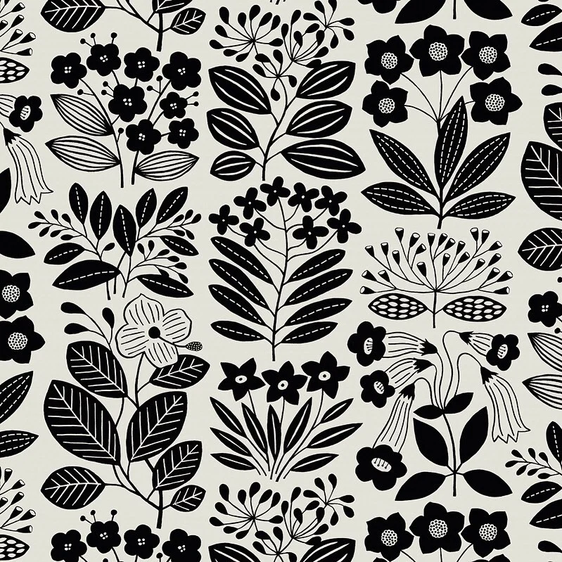 Nancy Wolff Black White Floral Leaf Motif Pattern