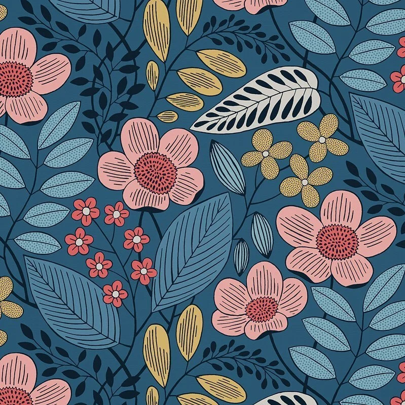 Nancy Wolff Pink Blue Floral Leaf Pattern