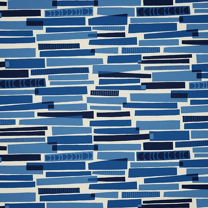 Nancy Wolff Blue Beige Geometric Stripes Blocks Pattern