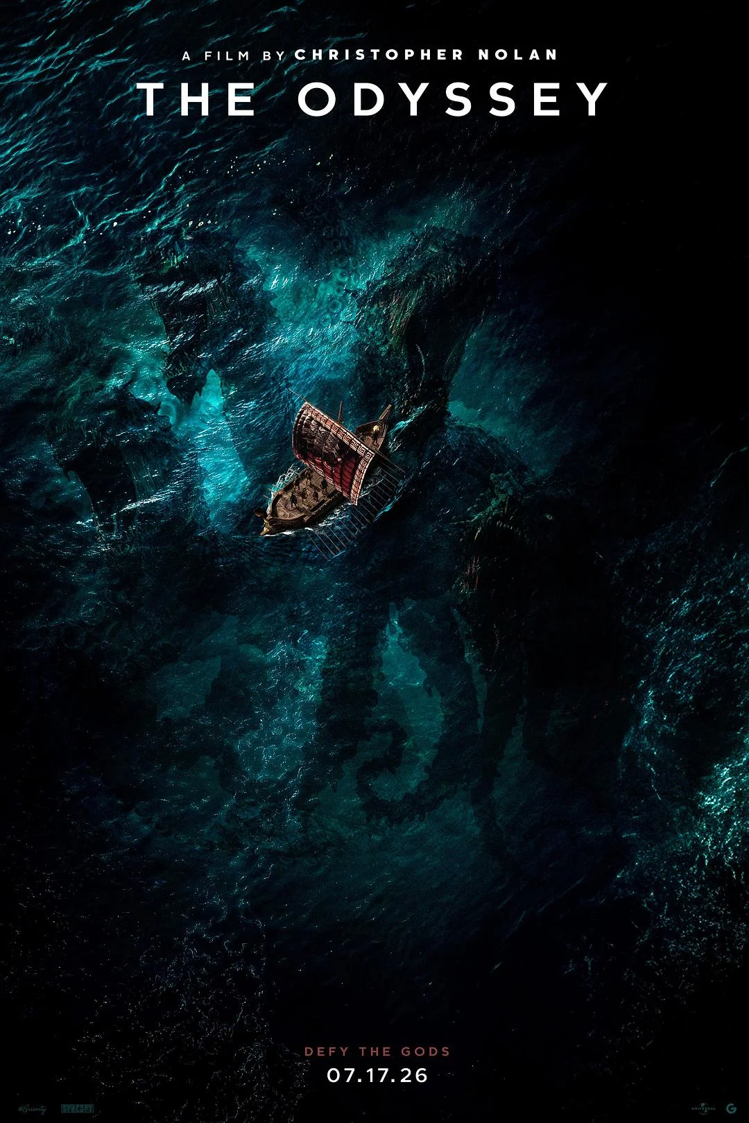 The Odyssey poster with trireme ship in swirling turquoise water aerial view