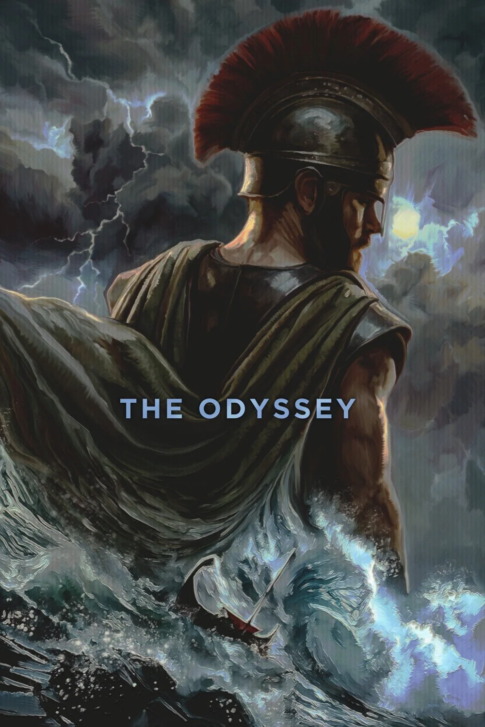 The Odyssey poster with warrior facing stormy sea and lightning