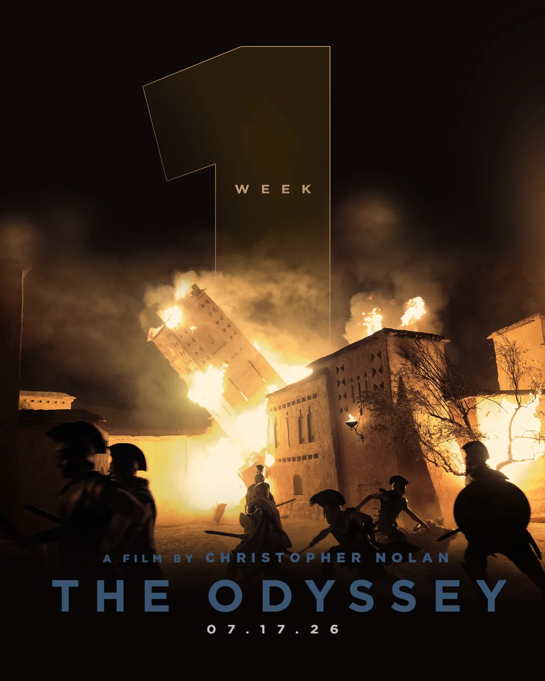 The Odyssey poster with giant 1 WEEK countdown over burning building