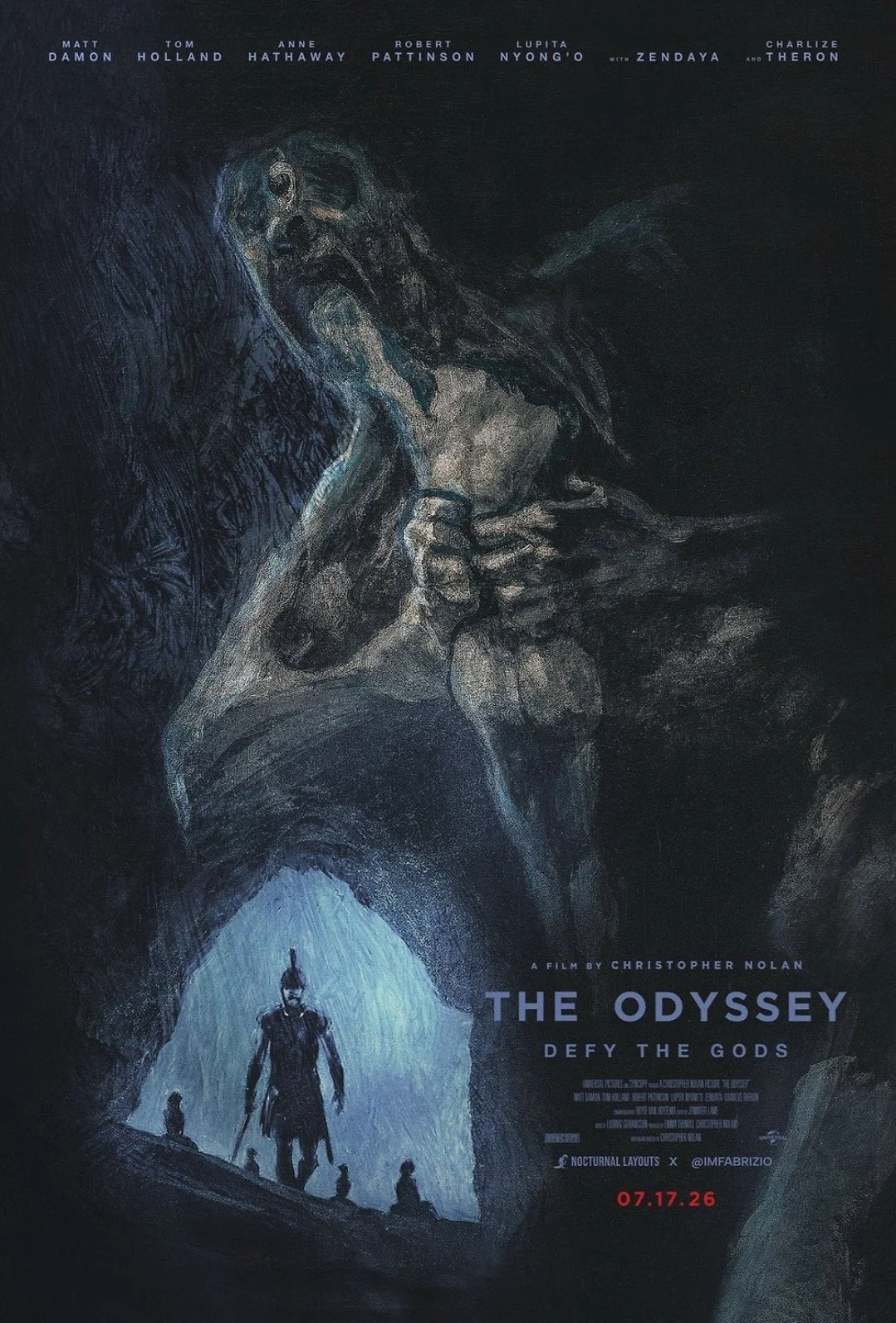 The Odyssey poster with warrior facing giant monster in dark cave