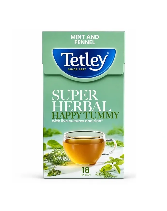 Tetley Super Herbal Happy Tummy (Mint and Fennel) Packaging