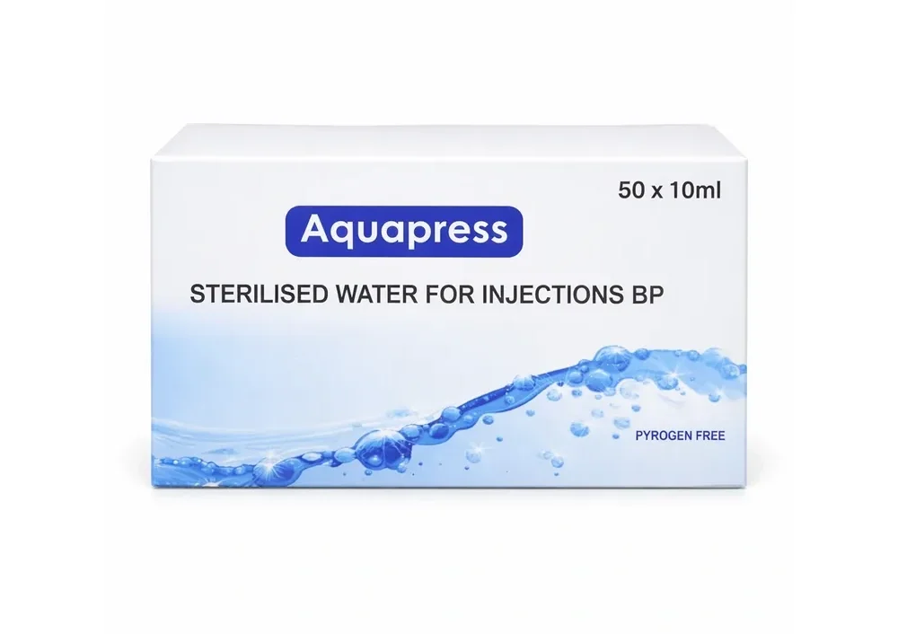 Aquapress Sterilised Water for Injections BP Packaging