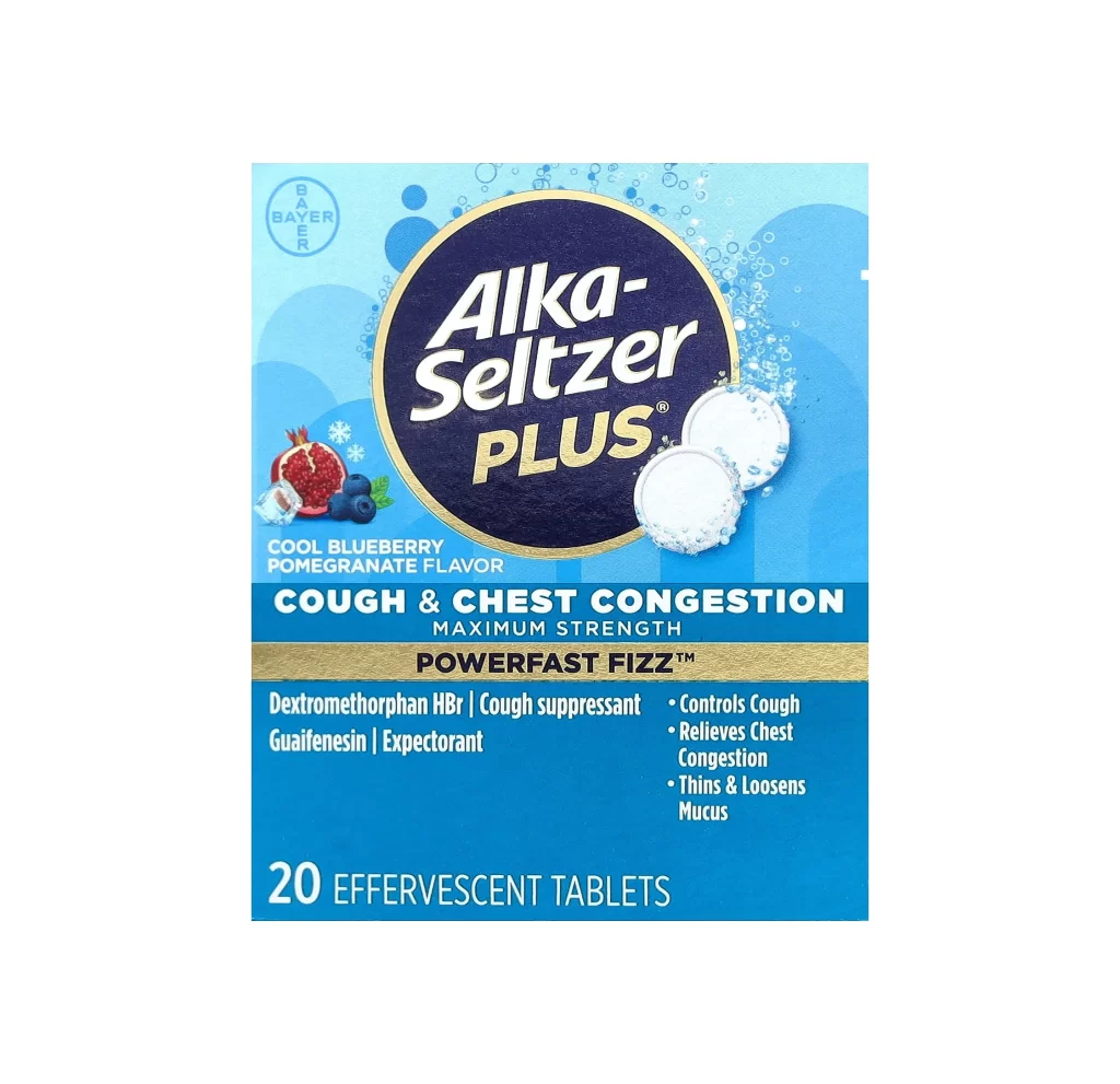 Alka-Seltzer Plus Cough and Chest Congestion Cool Blueberry Pomegranate Efferves Pharmaceutical Packaging