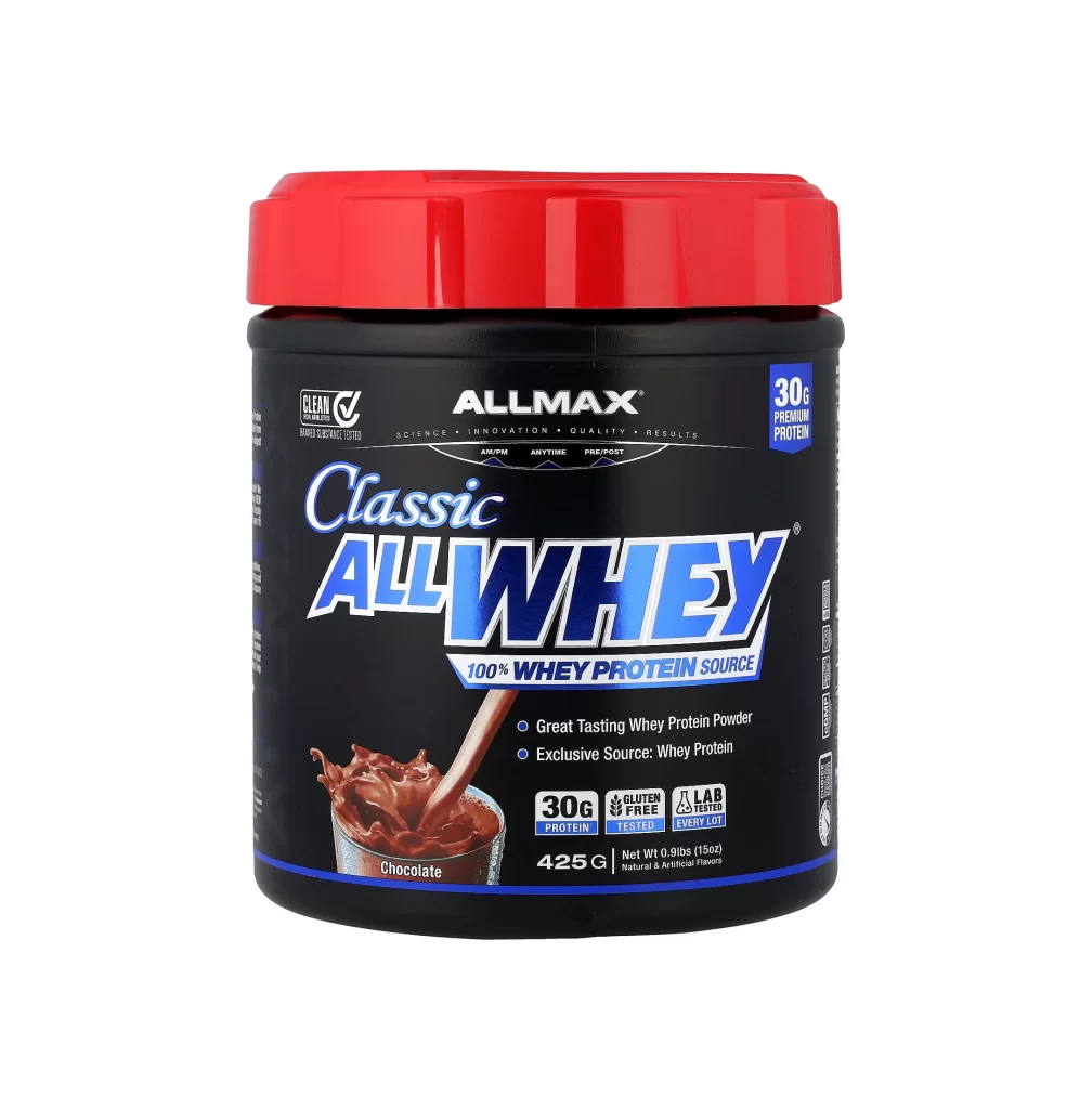 Allmax CLASSIC ALLWHEY Whey Protein Source Chocolate Protein Powder Packaging