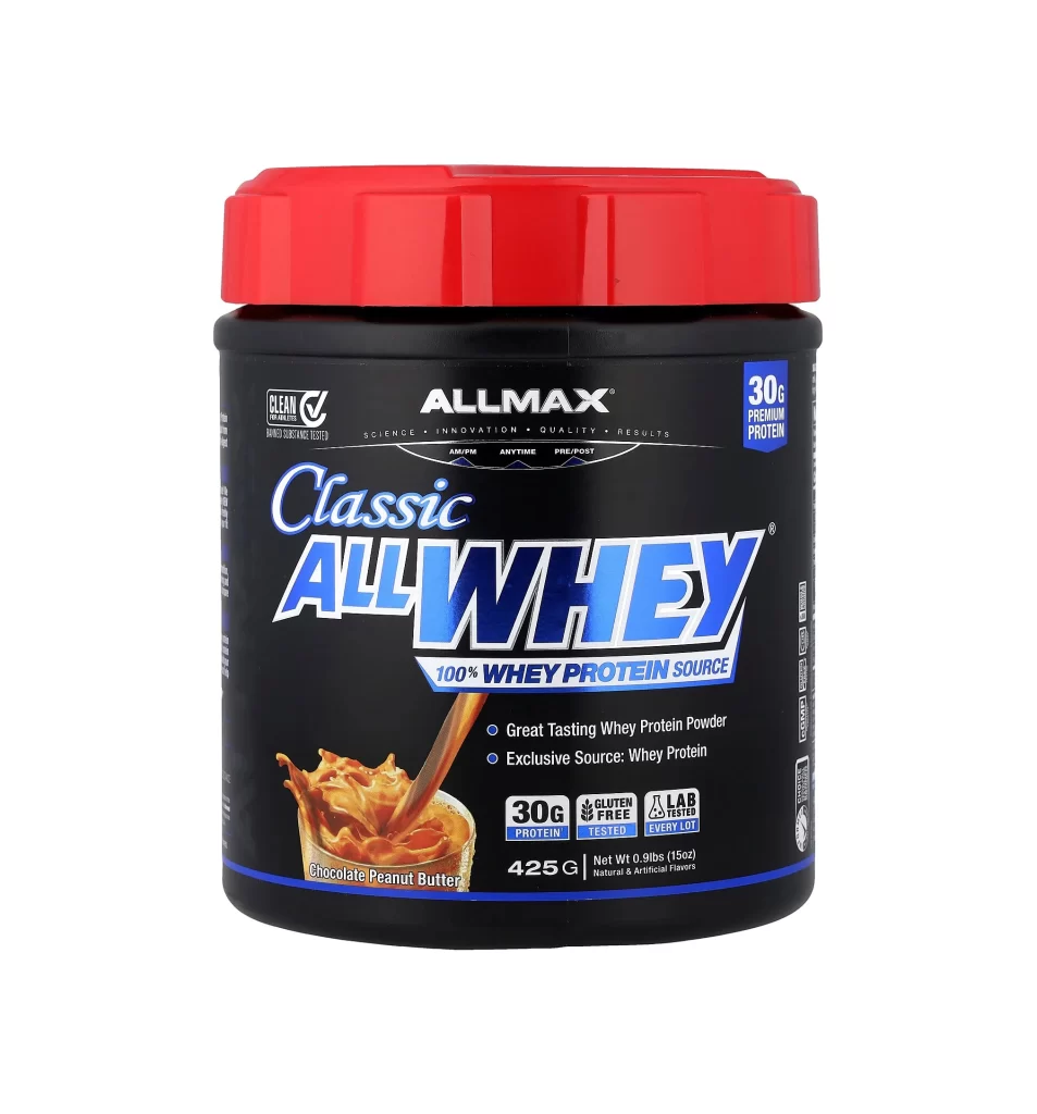 Allmax CLASSIC ALLWHEY Whey Protein Source Chocolate Peanut Butter Protein Powder Packaging