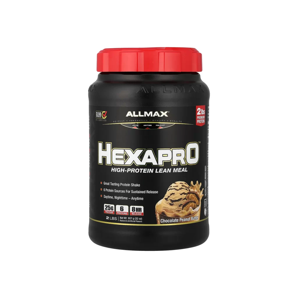 Allmax Hexapro High-Protein Lean Meal Chocolate Peanut Butter Supplement Packaging