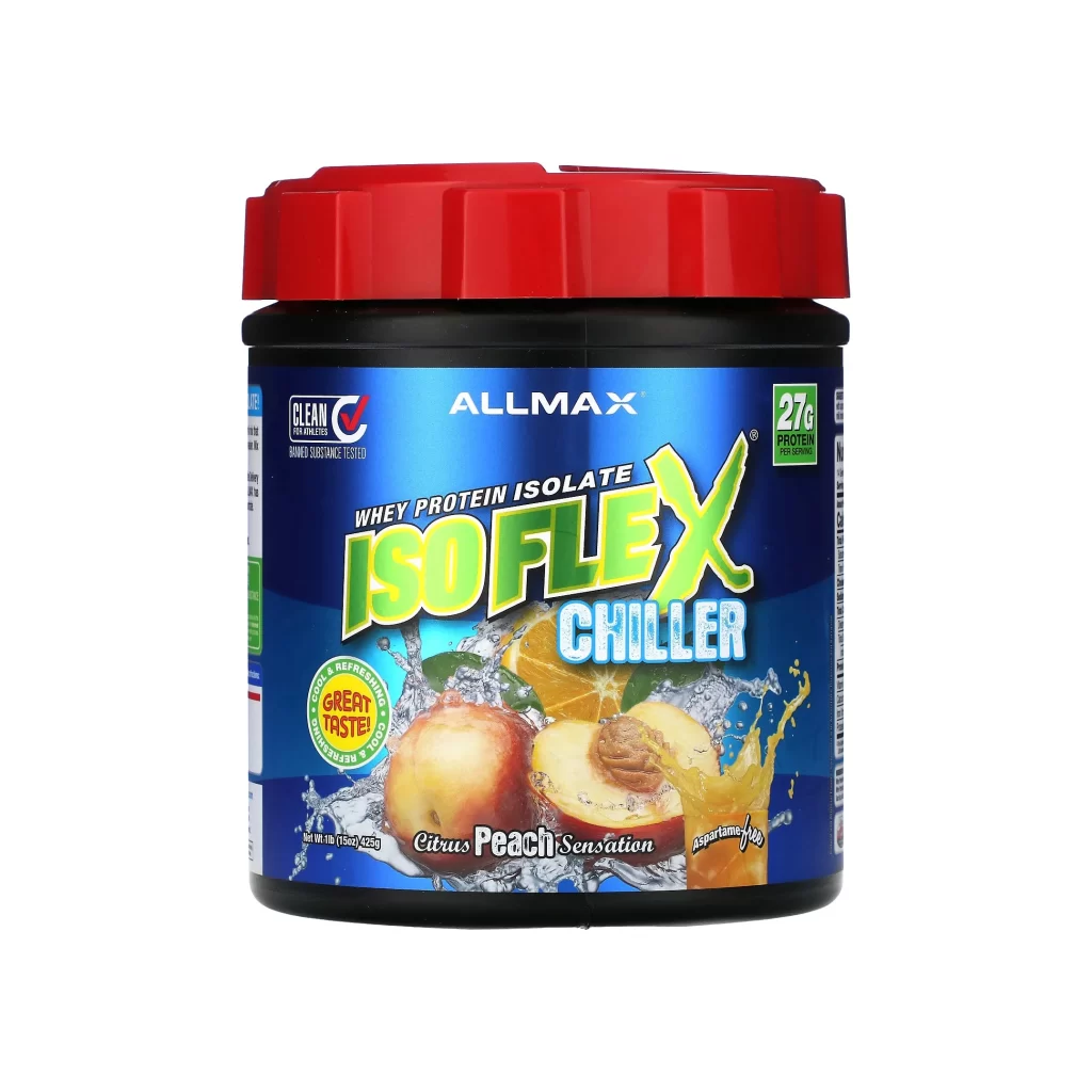 Allmax ISOFLEX Chiller Whey Protein Isolate Citrus Peach Sensation Protein Powder Packaging