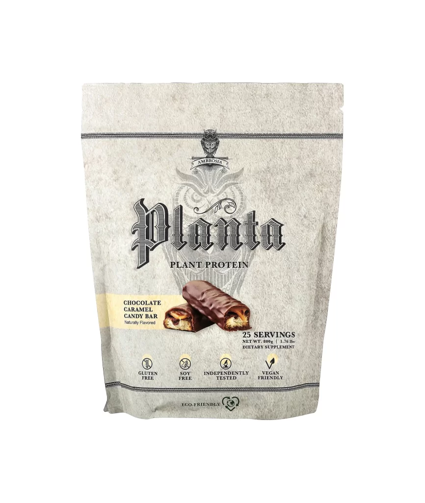Ambrosia Collective Planta Plant Protein Chocolate Caramel Candy Bar Protein Powder Packaging