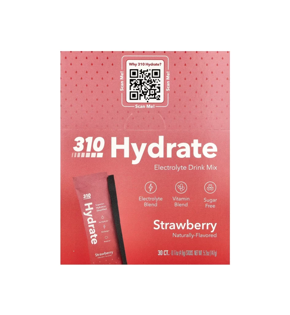 310 Nutrition Hydrate Electrolyte Drink Mix Strawberry Sticks Supplement Packaging