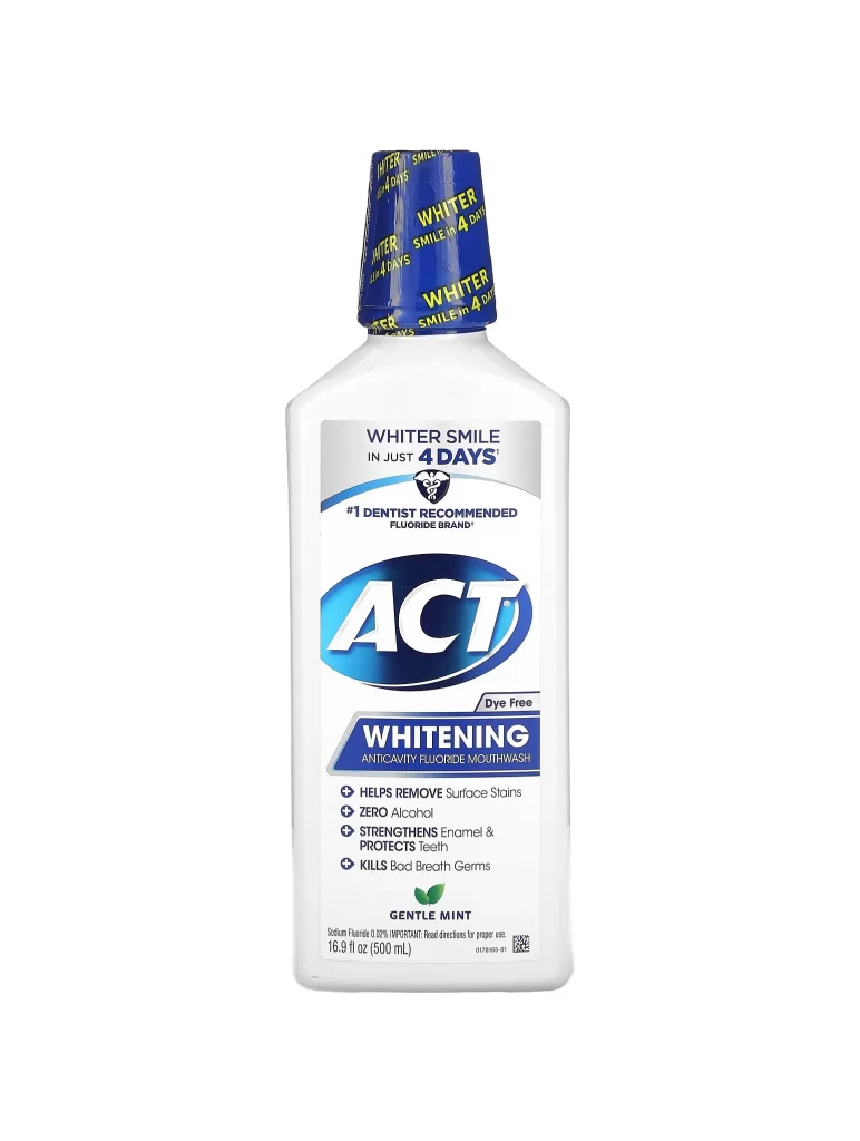 ACT Whitening Anticavity Fluoride Mouthwash Alcohol Free Gentle Mint Packaging