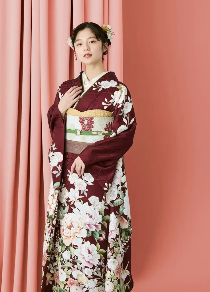 Woman Kimono Peony Floral Obi Japanese Traditional Clothing