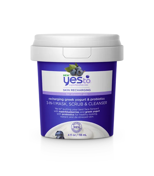 Yes To Yes To Superblueberries Recharging Greek Yogurt & Probiotics 3-in-1 Mask, Scrub & Cleanser Packaging