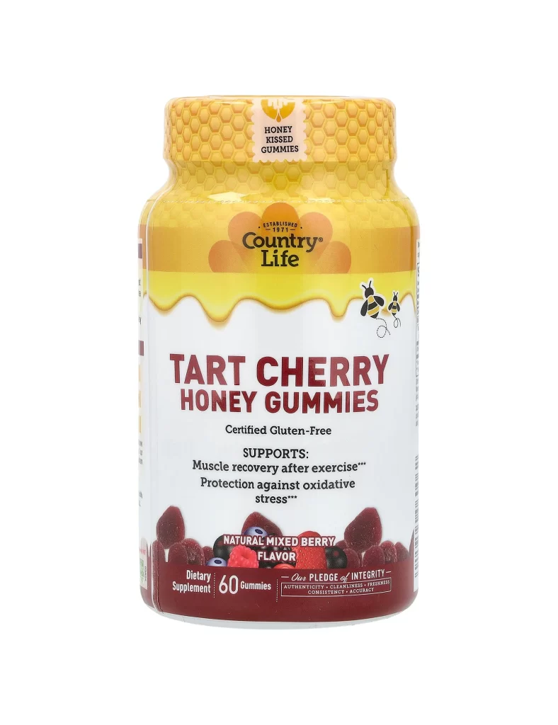 Country Life Tart Cherry Honey Gummies Natural Mixed Berry 60 Gummies 240 mg per Packaging